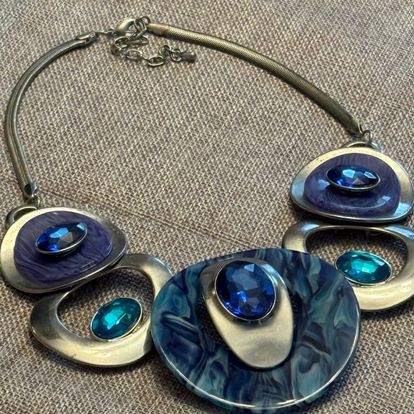 Blue and Silver Geometric Statement Necklace - Picture 1 of 8
